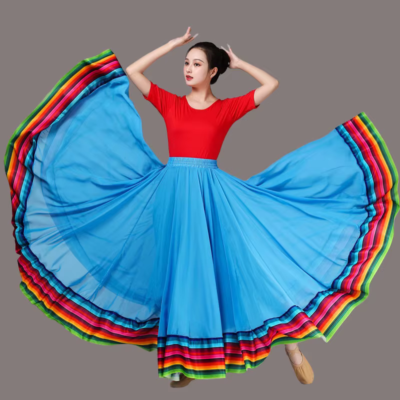 Jupe de spectacle de danse élégante pour femmes jupe en mousseline de soie bord arc-en-ciel taille é