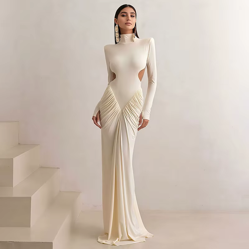 Robe longue élégante à col roulé et dos nu pour femme, à manches longues, ajourée, drapée et froncée