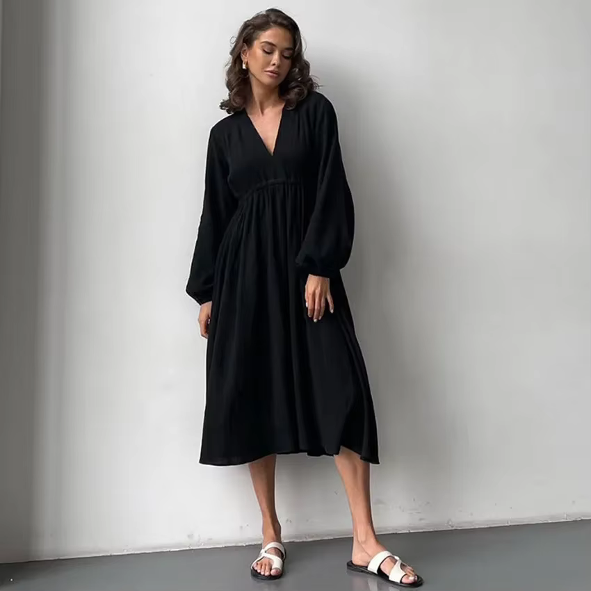 Robes élégantes en mousseline de coton pour femmes, manches longues, col en V, décontracté, fête, va