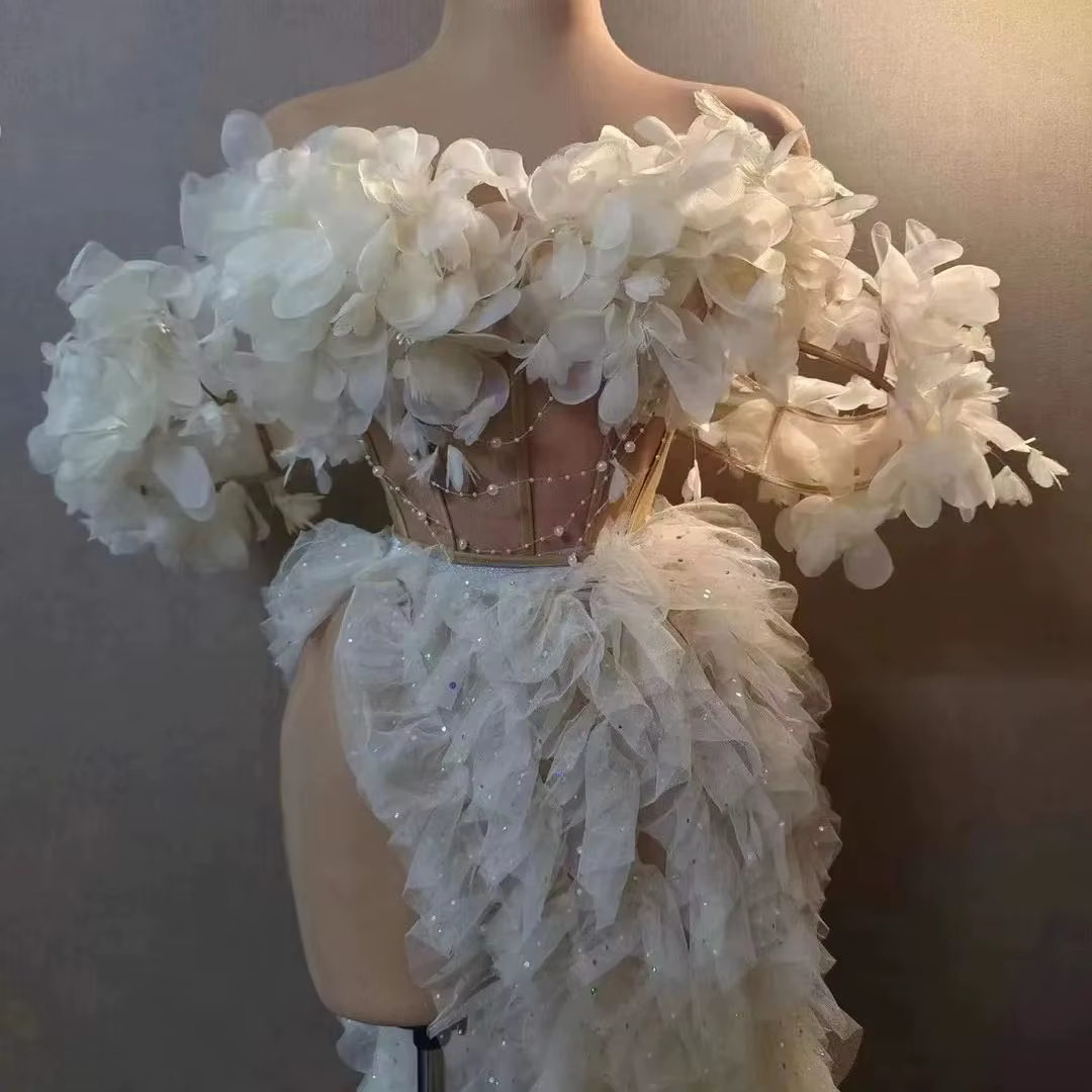 Robes de soirée longues et élégantes à fleurs blanches pour femmes, sexy, épaules dénudées, dentelle