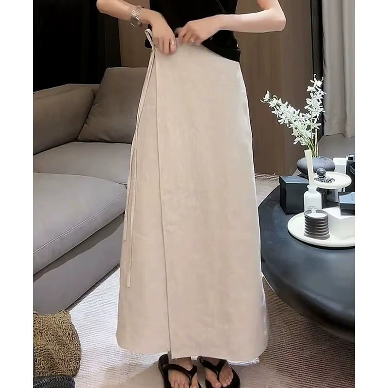 Jupe longue en lin et coton blanc pour femme, taille haute, ample et amincissante, nouvelle collecti