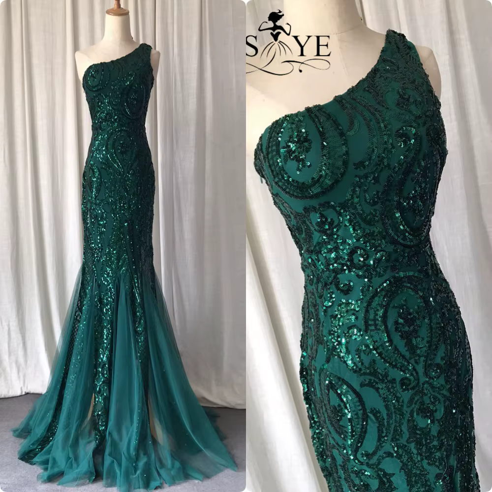 Une épaule émeraude robes de soirée vert paillettes longue sirène robe de bal paillettes robe de soi