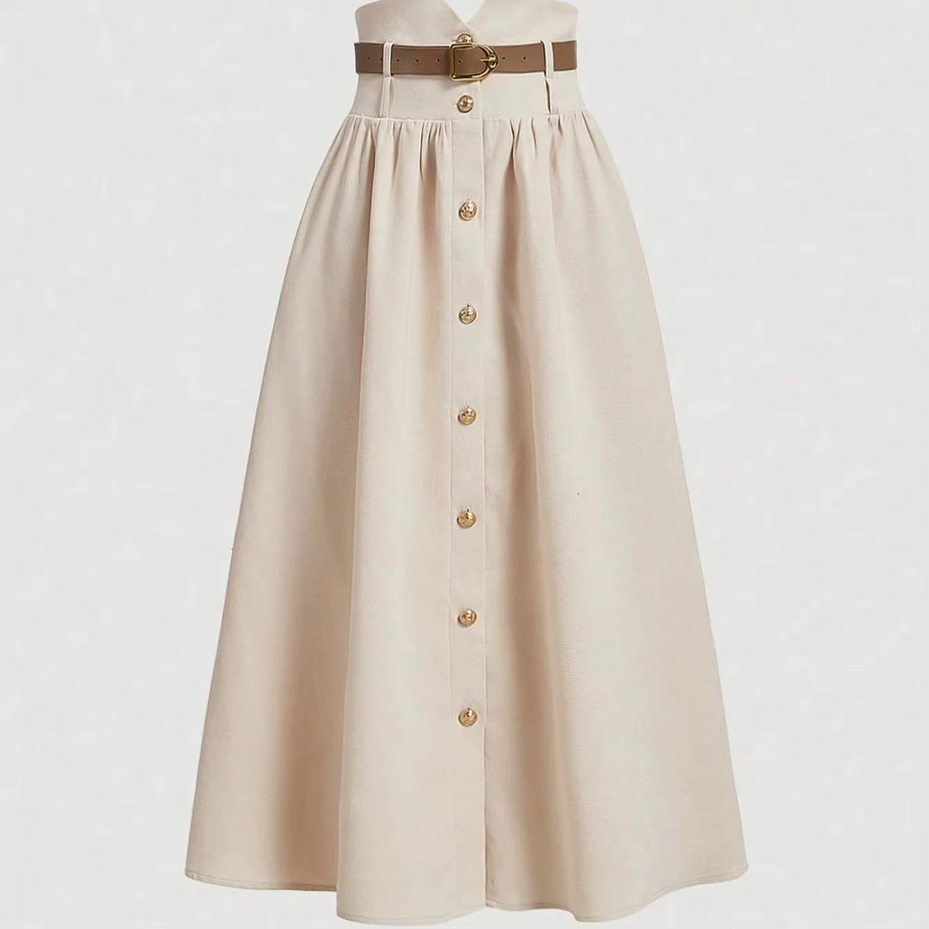Jupe midi boutonnée taille haute abricot style rétro évasée avec rangée de boutons décoratifs pour f
