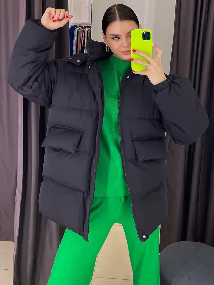 Parka matelassurera surdimensionnée avec capuche pour femme, veste chaude, coton noir, bleu, vintage