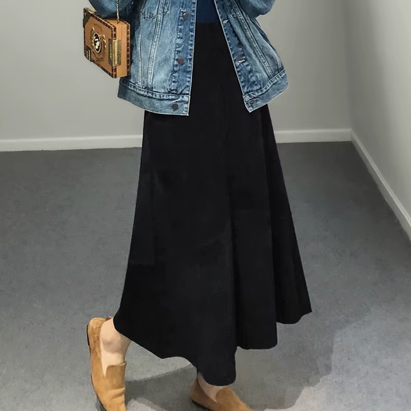 Femmes violet daim cuir jupe 2025 tendance printemps Harajuku grand ourlet 85 cm de Long Faldas Muje