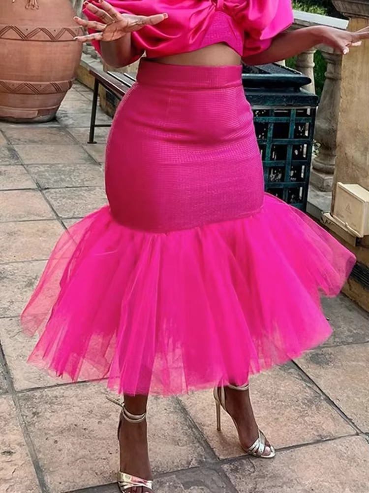 Po-Jupe Sirène Ajustée en Tulle pour Femme, Ourlet à Volants, Évasé, Midi, Mariage, Cocktail, Bal, b