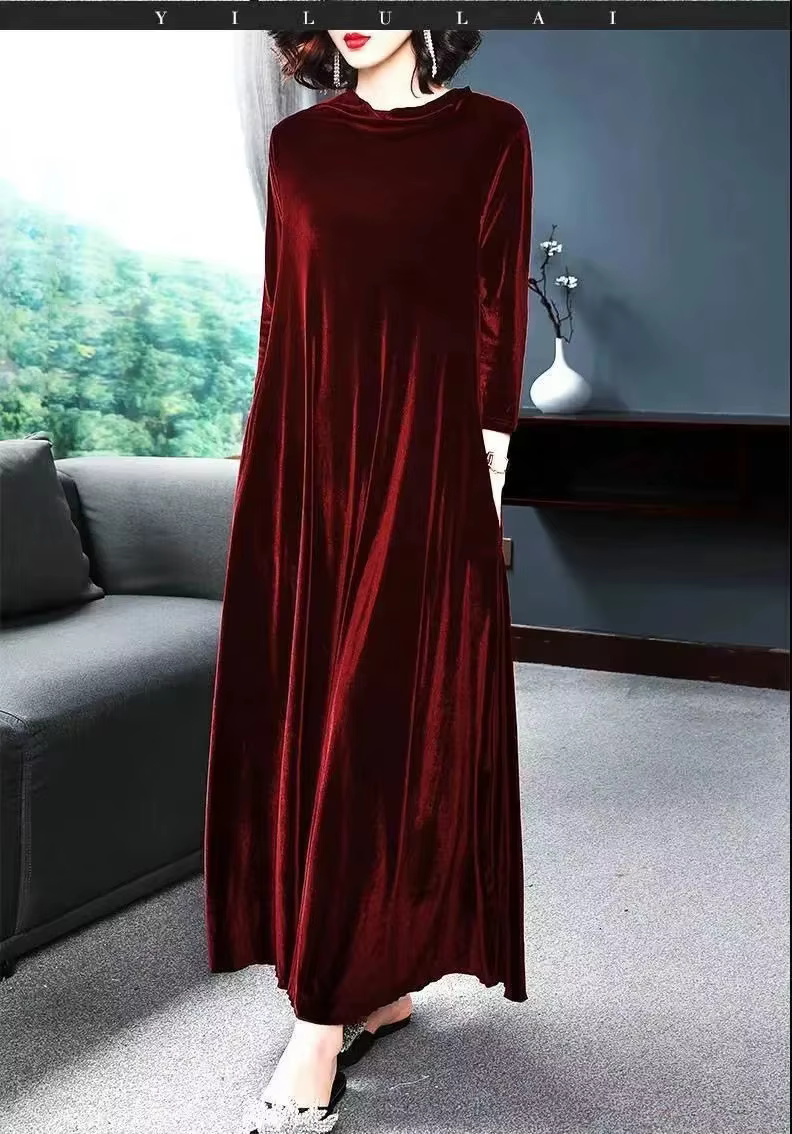 Robe en velours longueur genou pour femme, robe longue automne-hiver, matière en velours doré, col r