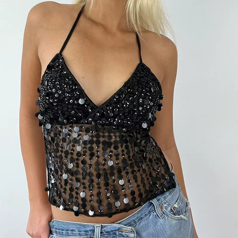 Débardeur à paillettes Vintage, décolleté en v profond, chemise sans manches, gilet pour femmes, Coq