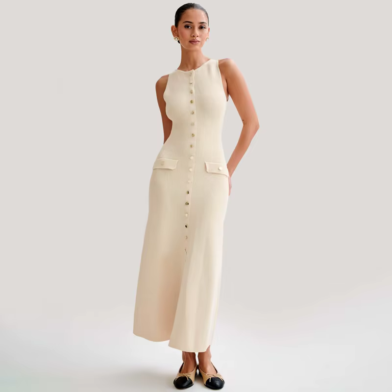 Robe longue tricotée pour femmes, élégante, sans manches, boutons, Maxi pull, moulante, robes de soi