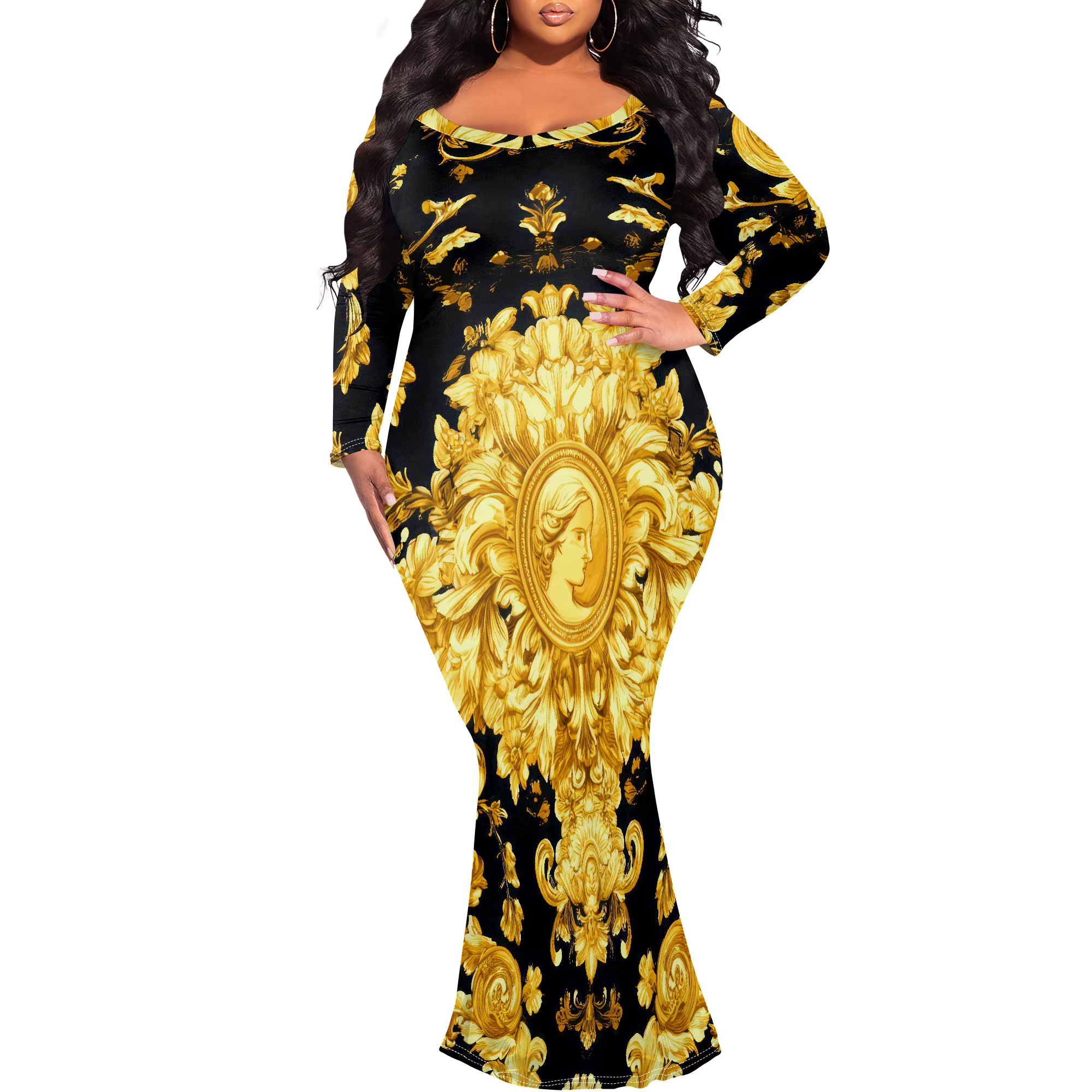 Robe longue baroque léopard zèbre à manches longues et col en V - Glam Wild Party Evening Resortwear