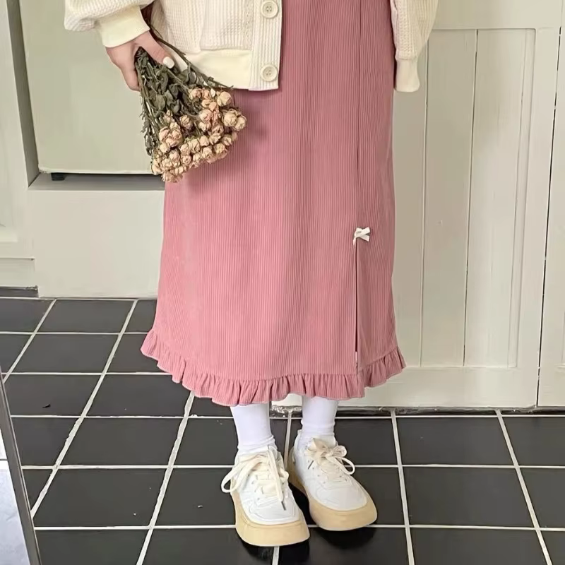 Nouveau 2025 jupe rose femmes automne hiver ample fendu japonais mignon Design jupe Midi pour femme