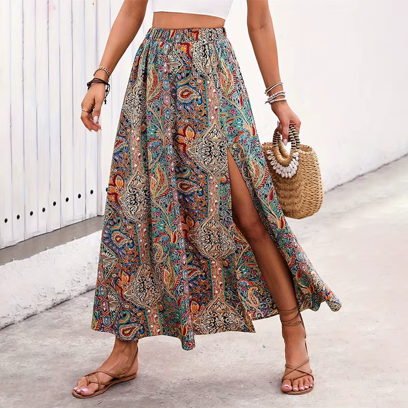 Jupe longue vintage bohème à imprimé ethnique pour femme, été 2026, décontractée, taille haute, élég