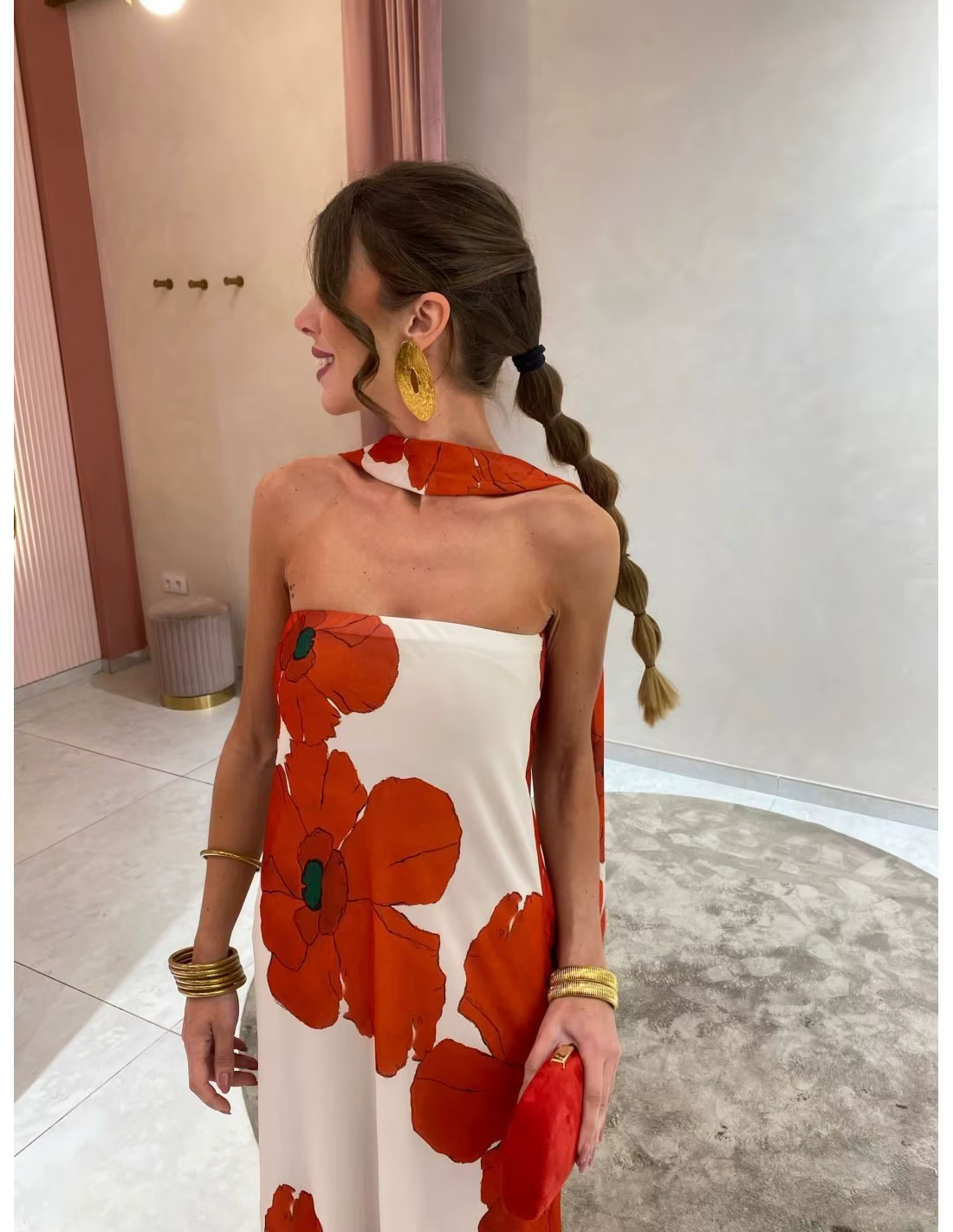 Robe longue à imprimé floral tendance, col halter, sans manches, en polyester, nouvelle arrivée prin