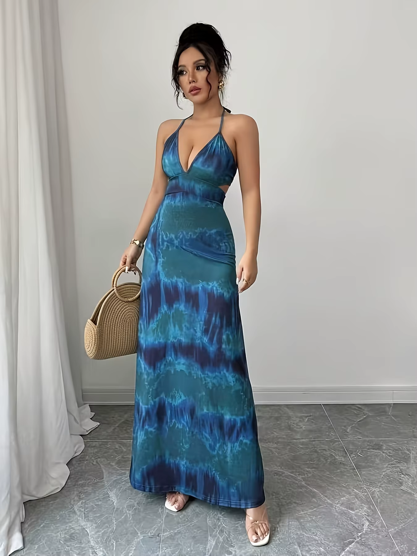 Robe longue élégante dos nu pour femme avec ceinture, sexy, pour les vacances, les trajets quotidien