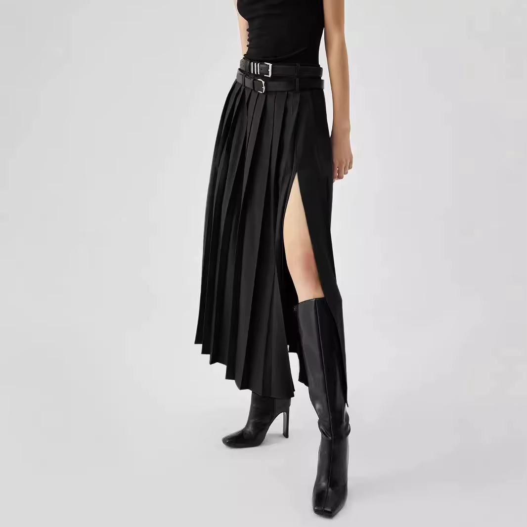 Jupes plissées pour femmes, costume gris, à la mode, taille haute, Slim, fente, jupe longue pour les