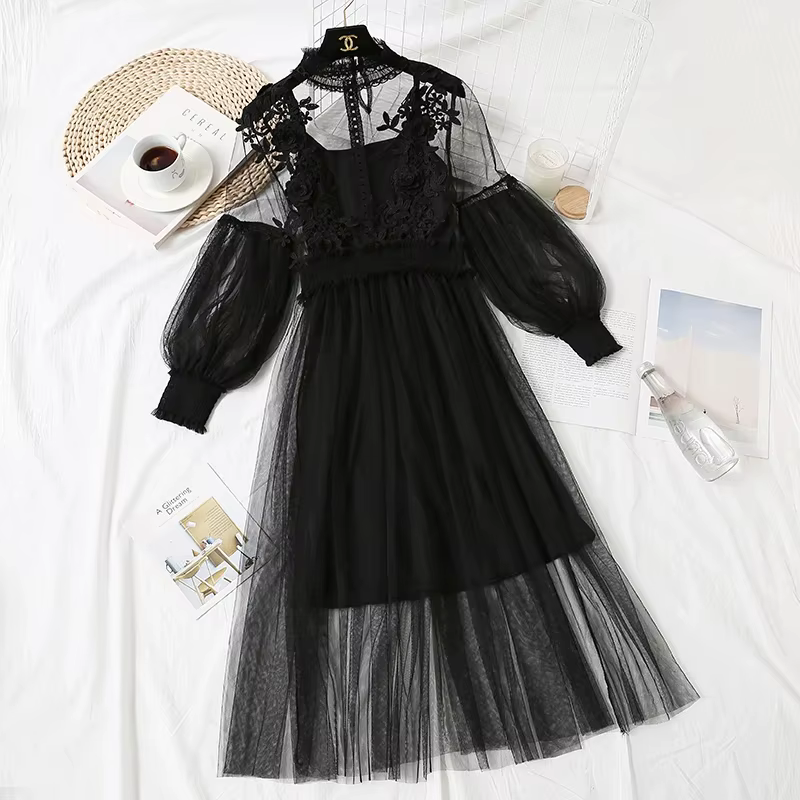 Robe en dentelle à la mode pour femmes, manches lanterne élégantes, robe longue femme, crochet creux