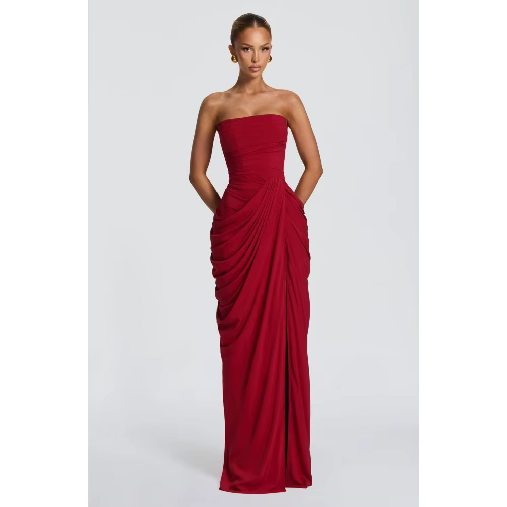 Nouvelle robe de soirée bustier plissée longue fendue sexy pour femme, style européen et américain 2