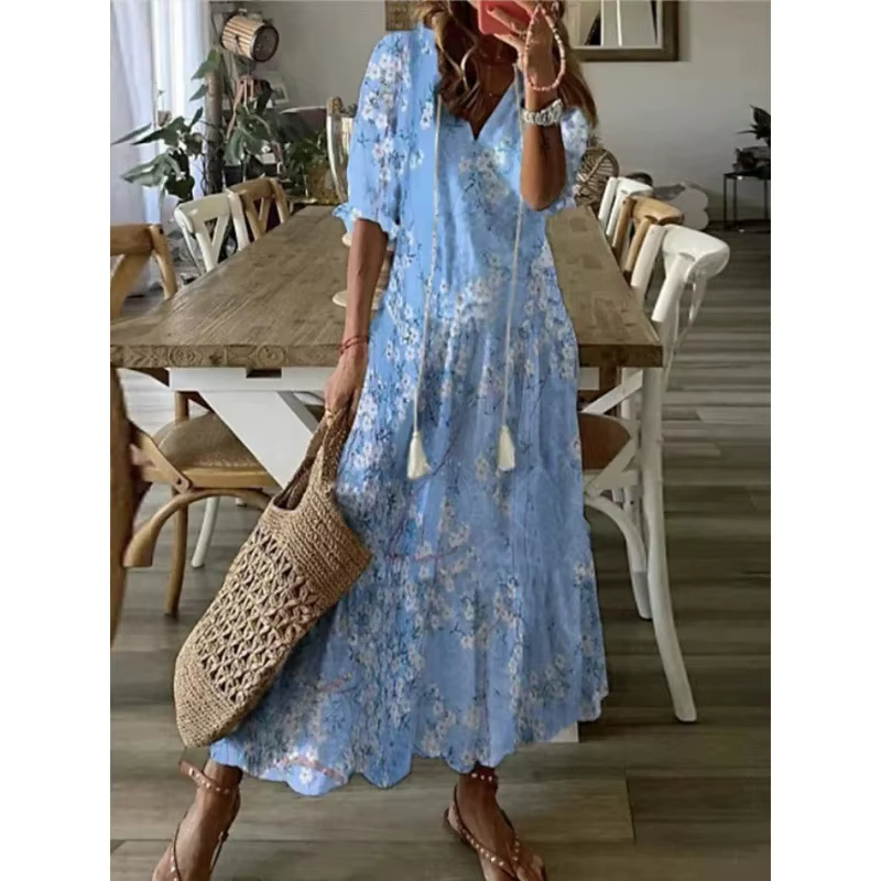 Robe longue de plage élégante, style Boho, imprimé Floral, pour femmes, mode, volants, col en v, man