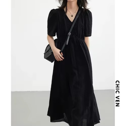 CHIC VEN Robe Longue Femme Vintage Col V Manches Bouffantes Blanche Unie Ample Nouvelle Collection É