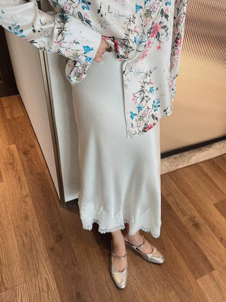 Jupe mi-longue en Satin et dentelle pour femmes, Patchwork, ligne a, élégante, lisse, vêtements pour
