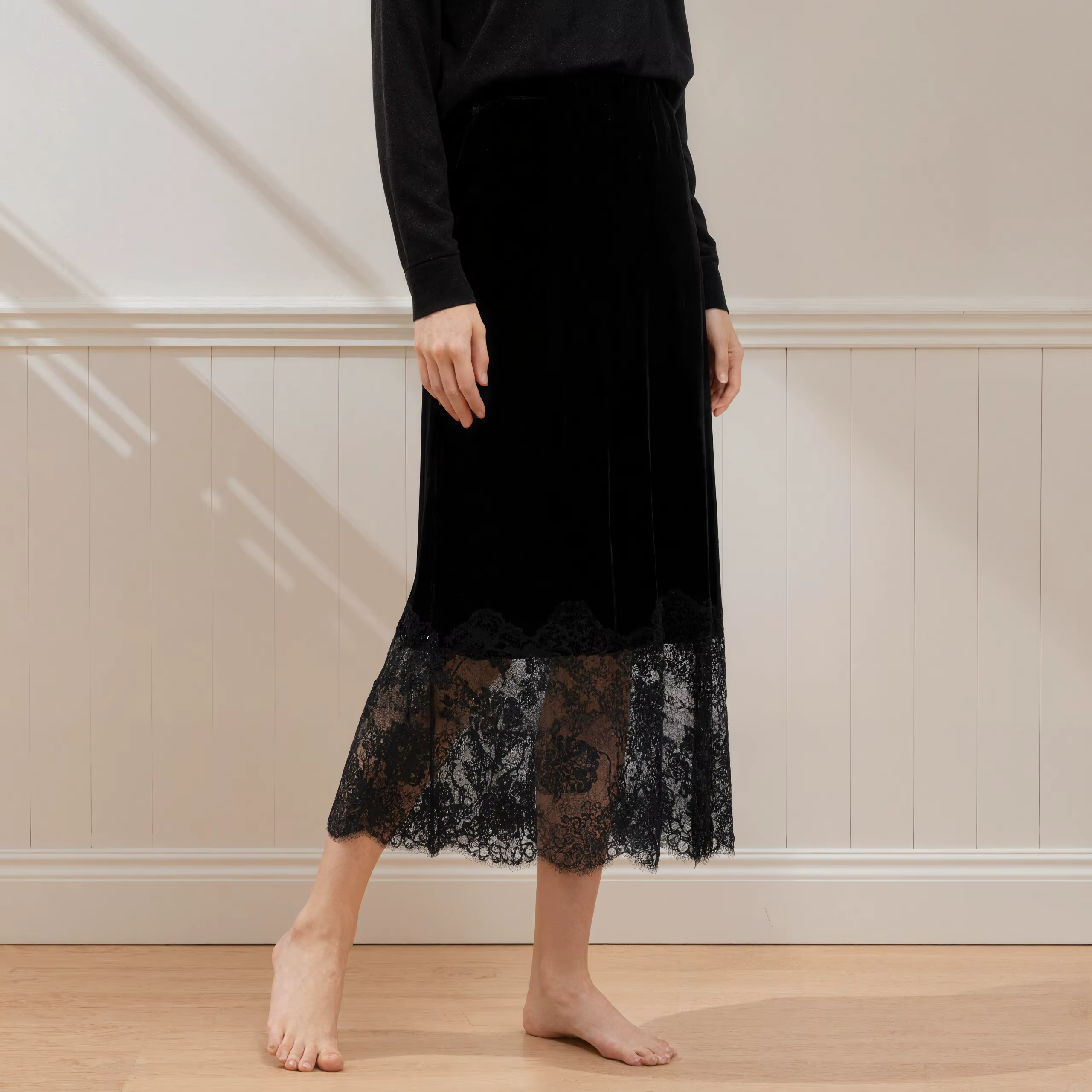 Jupe mi-longue en velours noir pour femme, élégante, taille haute, dentelle, Patchwork, ourlet trans