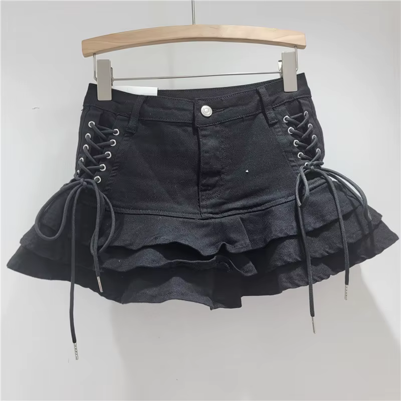 Y2k Denim Sexy Plissé À Volants Mini Jupes pour Femmes D'été 2025 Nouvelle Mode À Lacets Mince Taill