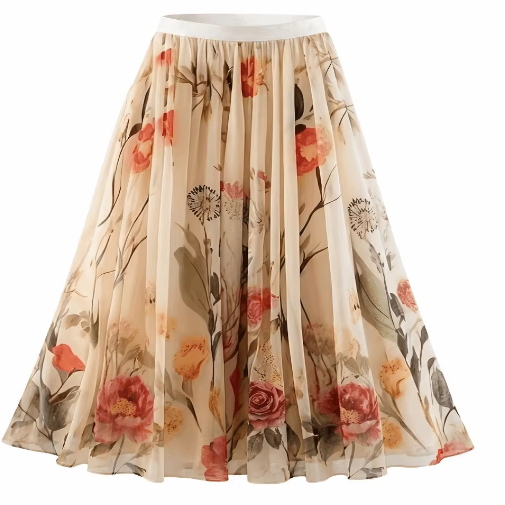 Jupe longue plissée à imprimé floral pour femme, taille élastique, avec superposition en maille, bro