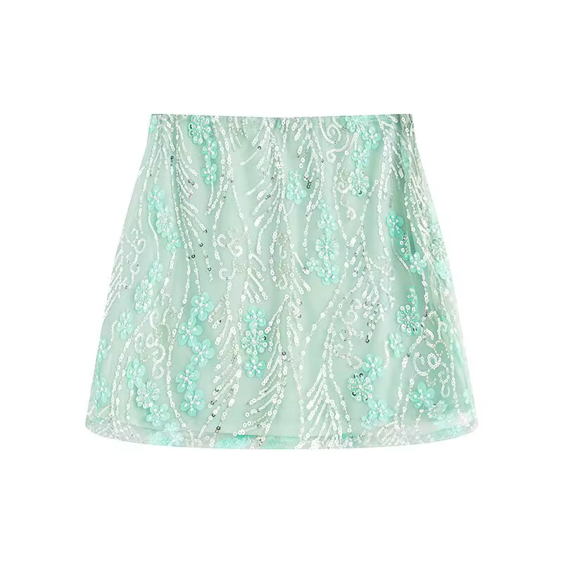 Mode florale paillettes perle Mini jupe pour les femmes vacances d'été perlé hanche paquet jupes cou