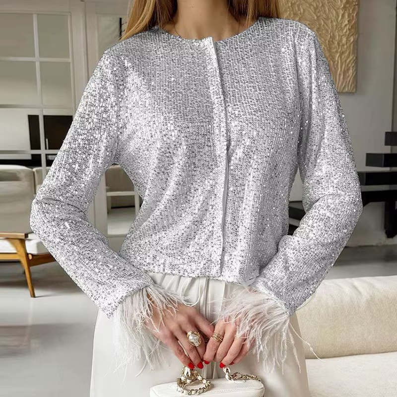 Femmes paillettes à manches longues T-shirt plume printemps automne pull décontracté chemises décont