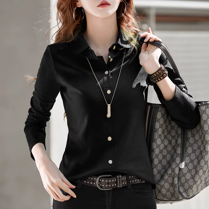 Polo à manches longues en pur coton pour femme, t-shirt ample, haut polo à la mode, amincissant et p