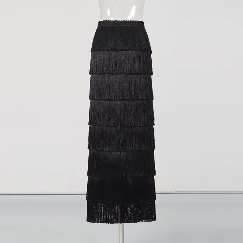 Jupe longue élégante HKSH pour femme, multi-couches, à franges, couleur unie, polyvalente, haut de g