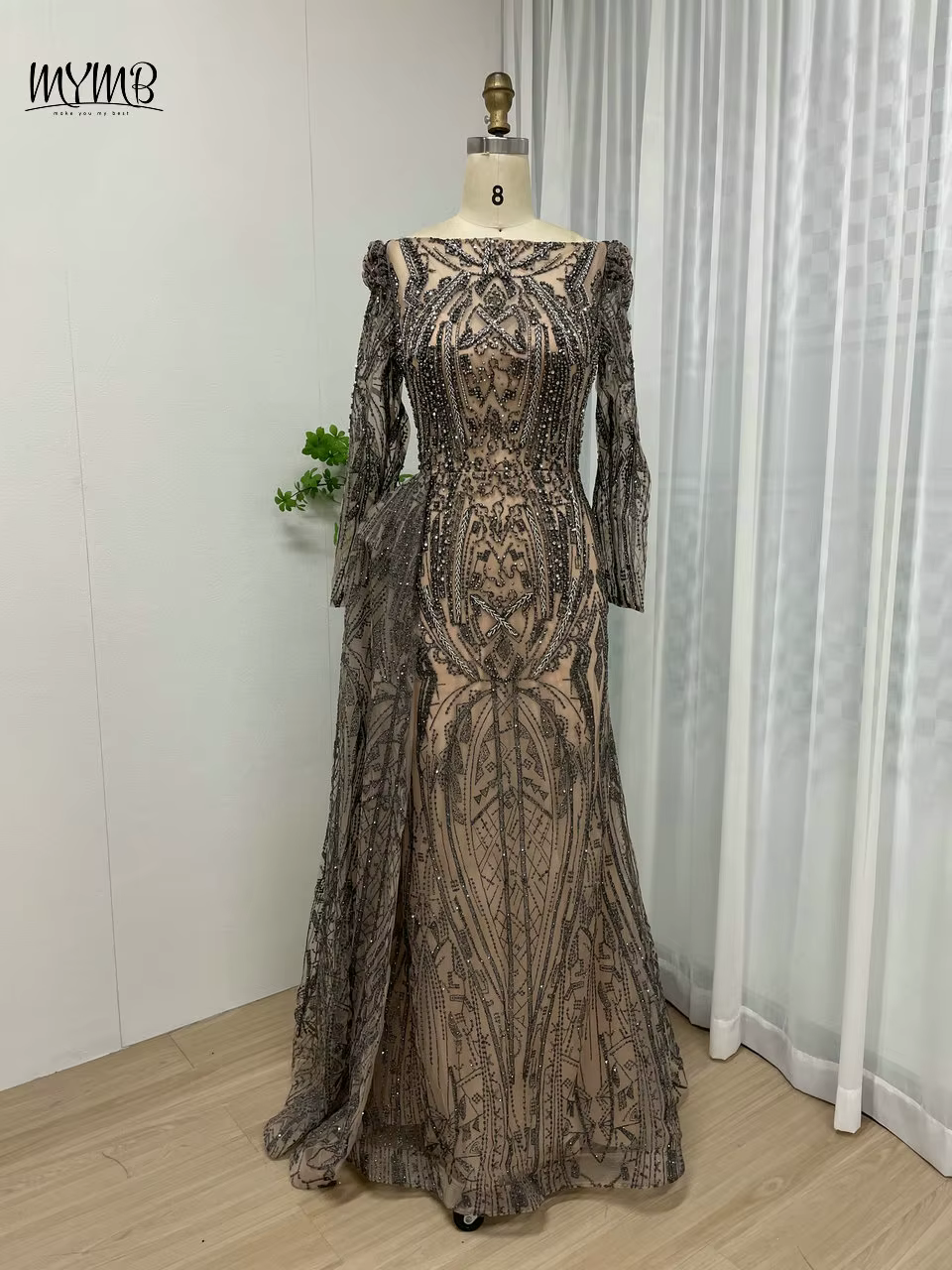 MYMB marron manches longues femmes robes de soirée de mariage musulman haute qualité perlée sirène r
