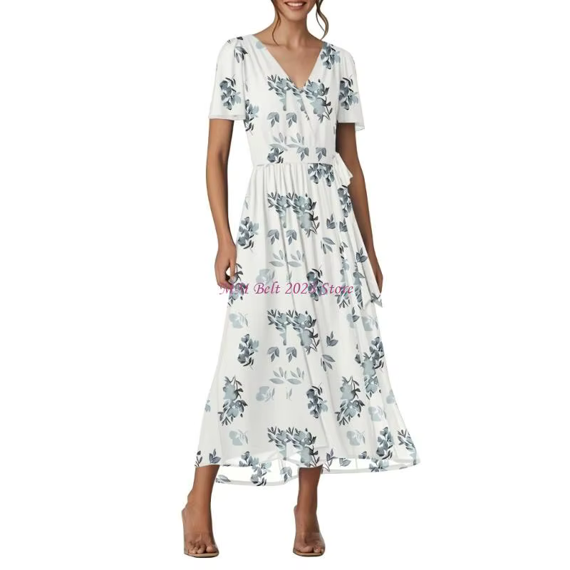49ME – robe longue à fleurs fluide pour femmes, manches courtes, col en V, en mousseline soie, Maxi,