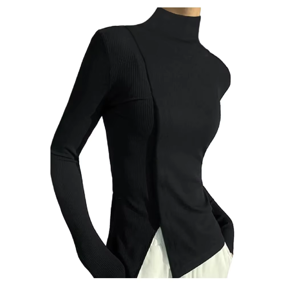 Bonboho-T-shirt à manches longues et col haut pour femme, pull slim, chemises urbaines, noir uni, si