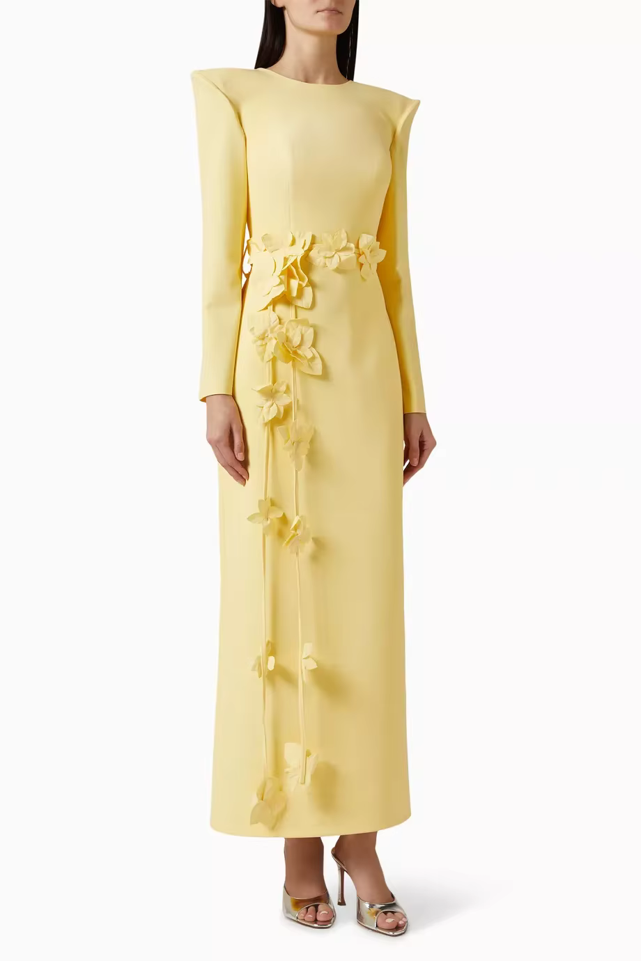 Robe de soirée jaune personnalisée, col rond, manches longues, en jersey, ornée de fleurs, coupe dro