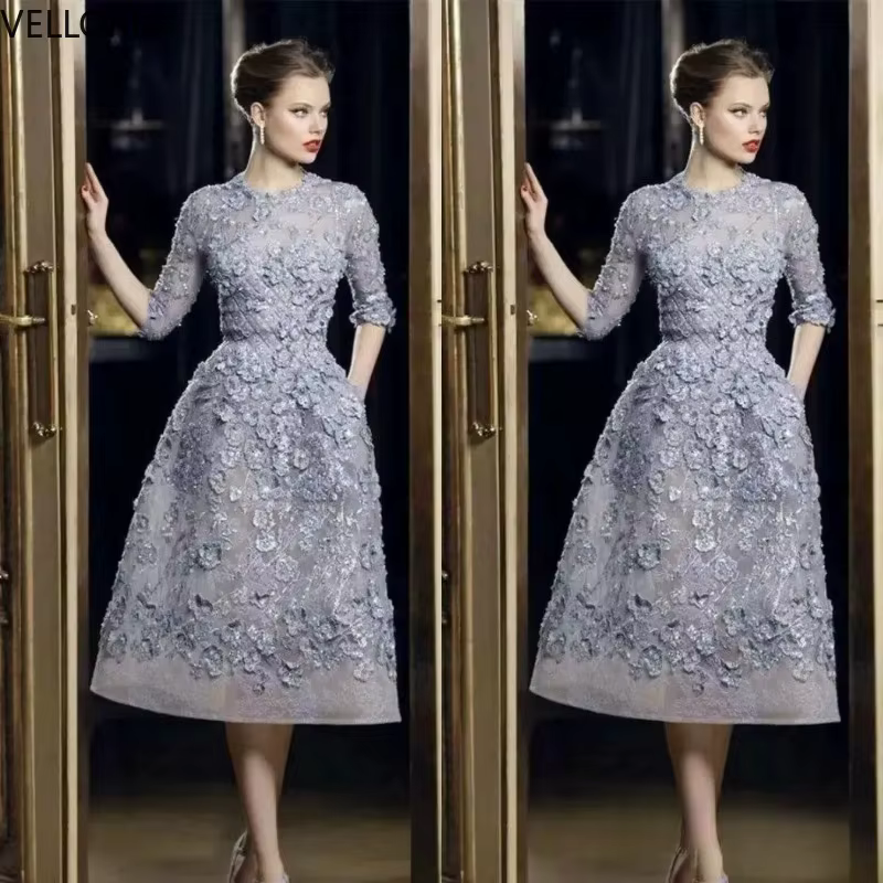 Robe De soirée élégante à manches longues, avec des appliques en dentelle, ligne a, pour Occasions s