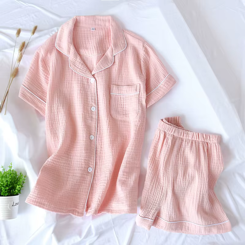 Pyjama en Crêpe Délavée à Manches Courtes pour Femme, Ensemble en Coton, Double Couche, Col, Grande