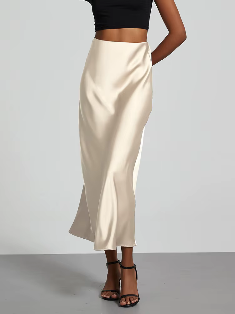 Mode Satin fête jupe longue taille haute couleur unie décontracté basique femmes jupes queue de pois