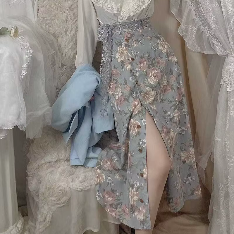 Jupe Femme Vintage Florale Y2K Taille Haute Élégante Boutonnée Décontractée Fendue Sexy Streetwear É