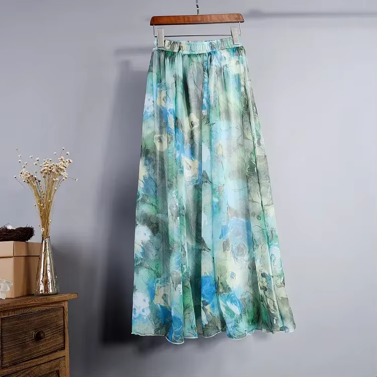 Jupe longue en mousseline de soie pour femmes, vintage, bohème, élégante, saia harajuku, plage, tail