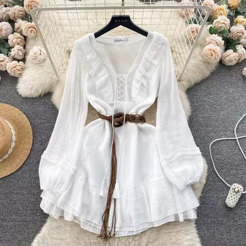 Robe de vacances bohème à volants pour femmes, col en V, à lacets, manches longues, femme, éducatif,
