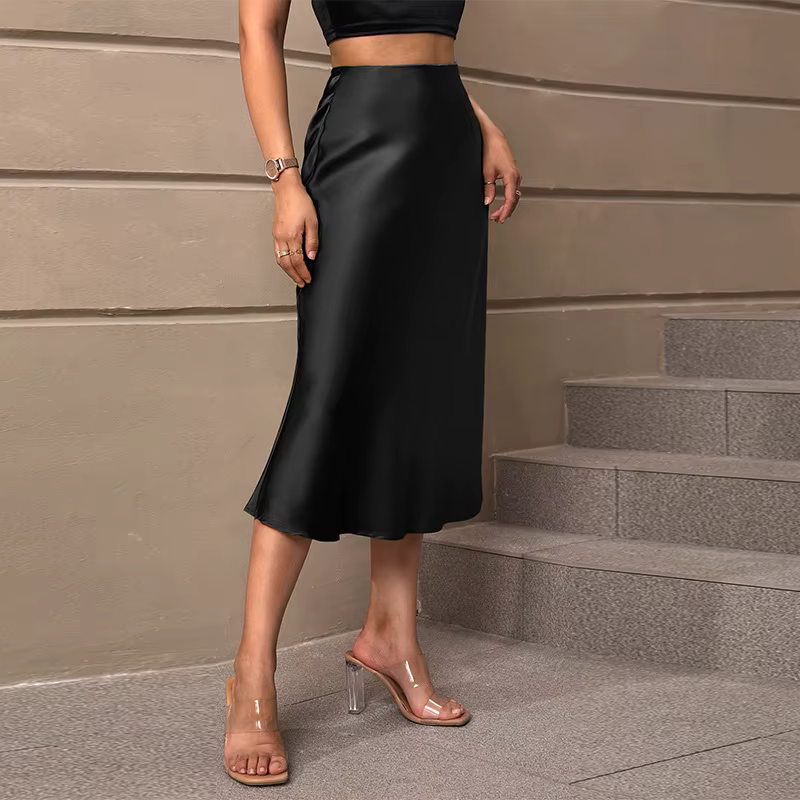 Jupe en satin 2026, style élégant automne, polyester, longueur moyenne, jupe en forme de A