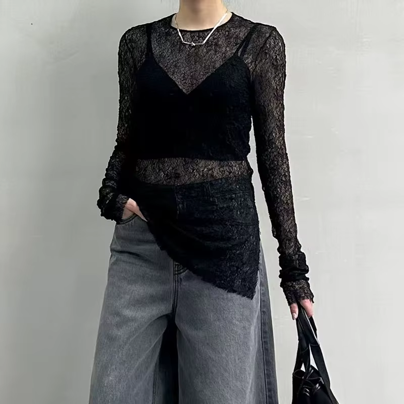 Style Designer~ Haut transparent en dentelle à manches longues pour femme, collection été 2026, chem