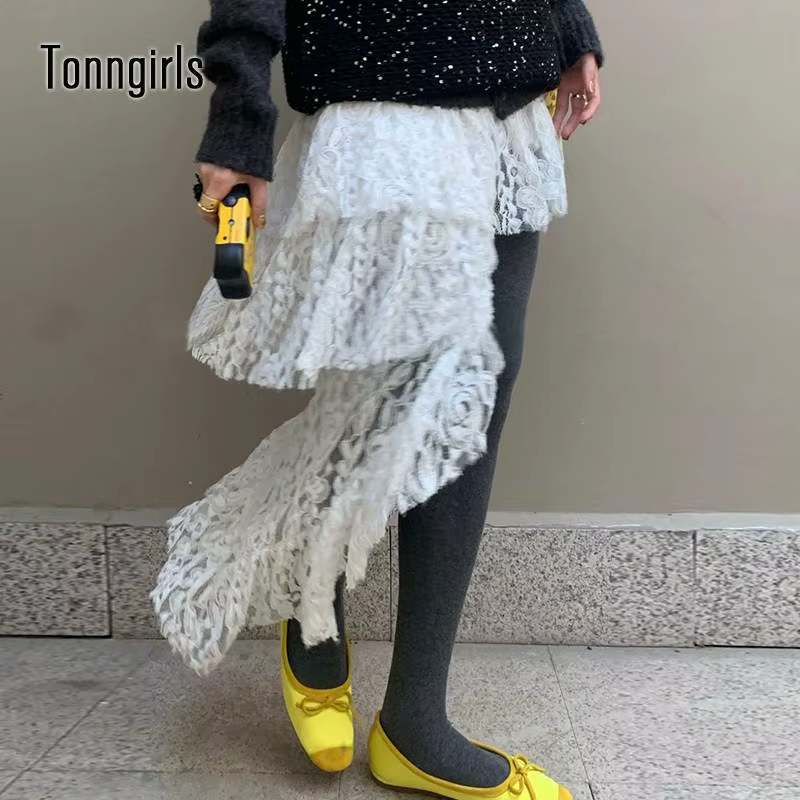 Tonngirls-Jupe irrégulière Kawaii pour femme, jupes taille haute en dentelle blanche, jupes mi-longu