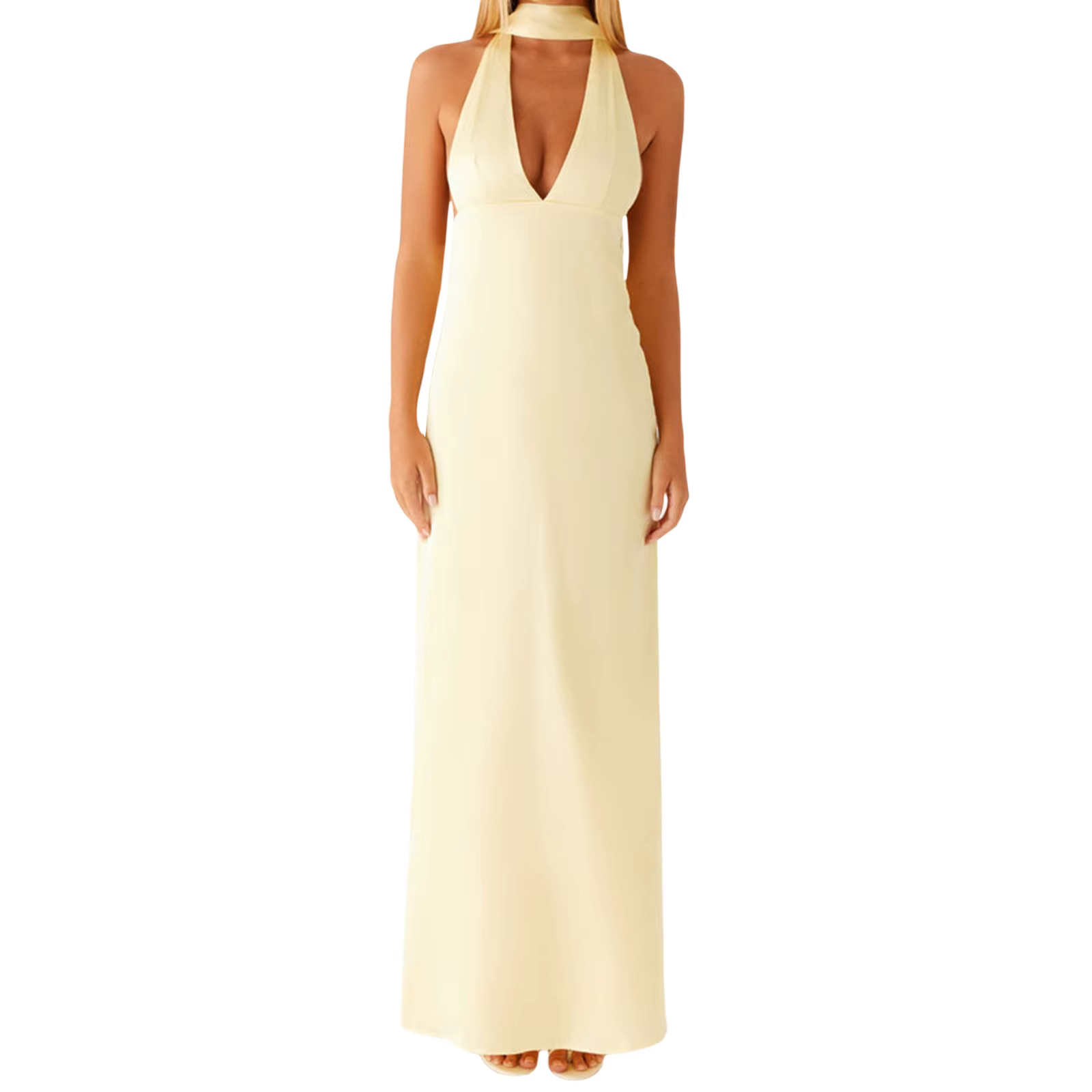 Robe longue d'été pour femmes, imprimé Floral/couleur unie, col licou, dos nu, col en v, sans manche