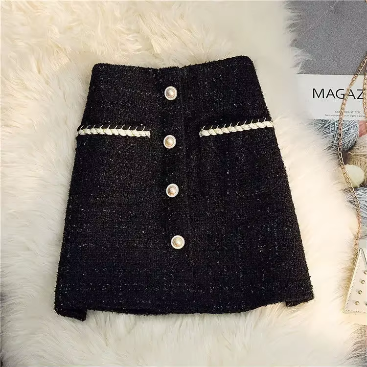 Jupes longues en Tweed noir et blanc pour femme, nouvelle jupe en soie brillante, Vintage, taille ha