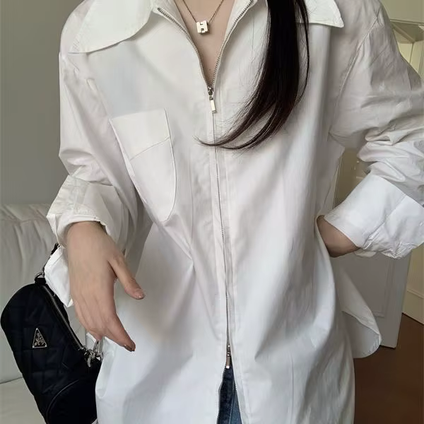 Chemise à manches longues zippée française pour femmes, haut ample et élégant décontracté