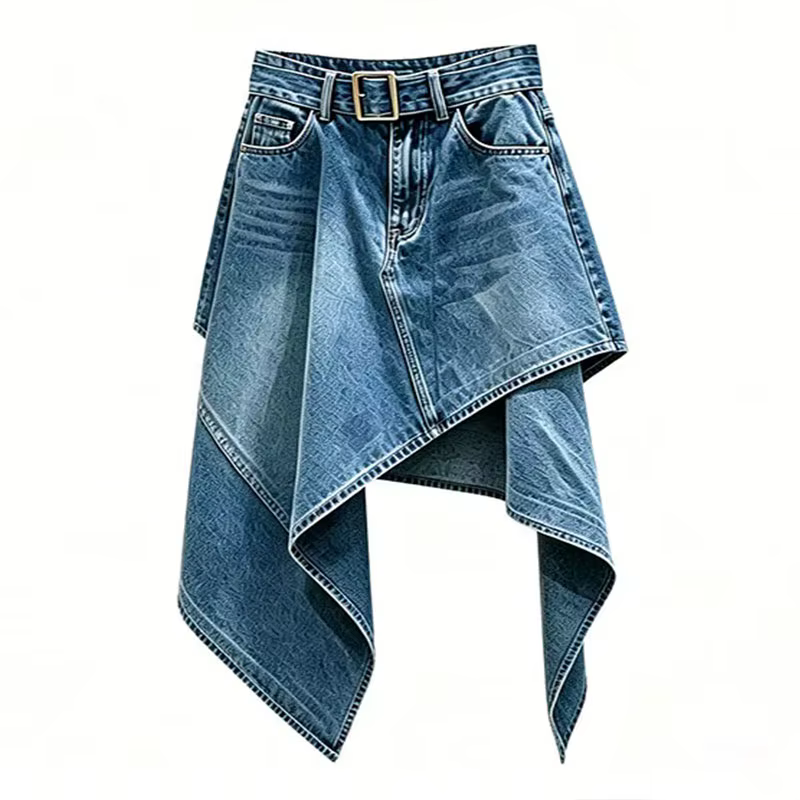 Jupe longue asymétrique en jean pour femme, style vintage, coupe trapèze, taille haute, pour l'été, 