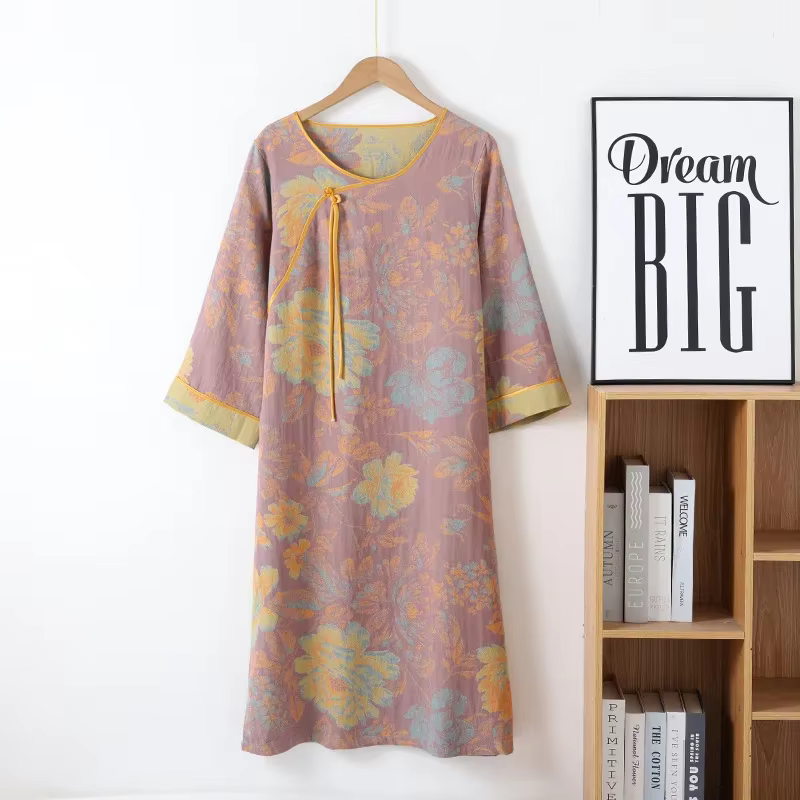 Chemise de nuit en gaze double couche pour femme, manches longues, robe de maison, col rond, teint e