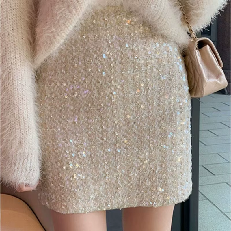 Jupe à paillettes noire jupe en Tweed Vintage pour femmes coupe ajustée moulante Faldas Mujer
